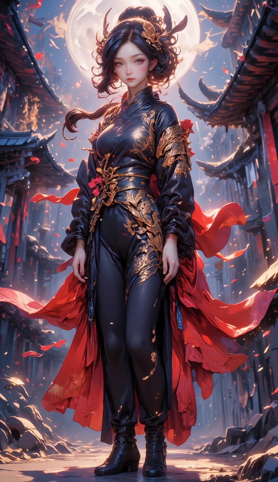 Perfect physically correct rendering, cowboy shot , Solo, female, beautiful female ninja , Intricate details, Battoujutsu, beautiful woman, sexy athlete figure, (detailed sexy sharp face, detailed eyes and lips, purple color makeup, purple eyeliner, bewitching makeup), Long beautiful black hair, smooth, thin hair, ultra description of hair, BREAK (wearing ninja costume: red and black and white, front open, Fluttering clothing, intricate beautiful patterns with oriental design ), Carry a Japanese sword on your waist, (Walking on unpaved roads, (dilapidated temple ruins), beautiful moonlit night, In the background), (Incompromise artwork, incredibly absurdres, best quality, ultra high resolution, ultra realistic painting, perfect anatomy, physically correct rendering, intricate accurate detailed description, ultra detailed), in the style of dmai