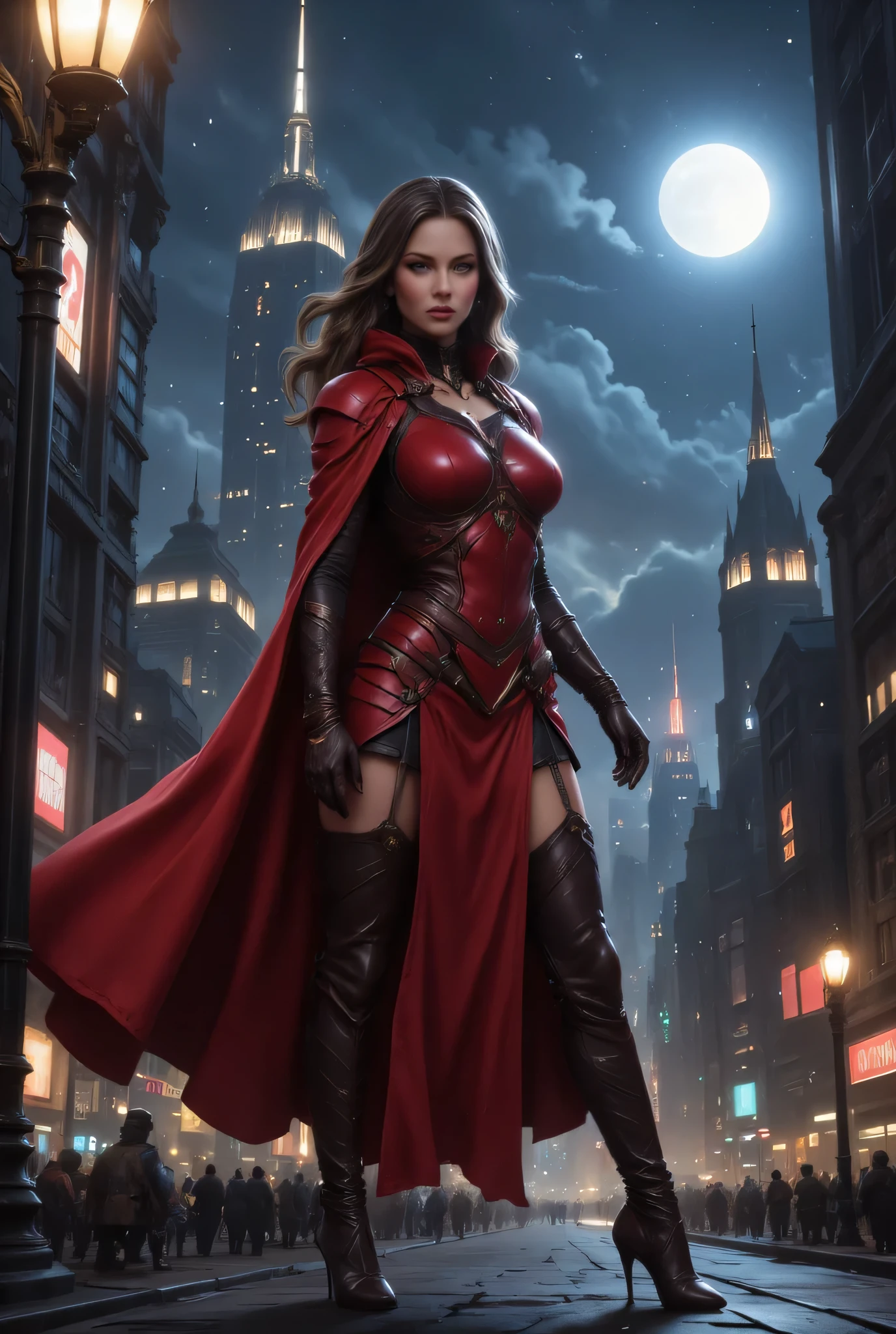 comic art, fantasy art, RPG art, ultra wide shot, a picture of a mysterious woman standing under the steampunk streetlamp, in the big city, a beautiful mature woman, elegant woman, dynamic hair color, dynamic hair style, wearing intricate deep red leather dress,  billowing in the wind, flowing red cloak, high heels,  standing in steampunk city at night, goth buildings, moon in the sky, 16k, [ultra detailed], masterpiece, best quality, (ultra detailed), full body, ultra wide shot, zavy-ctcmcs, aidmaDarkfantasy