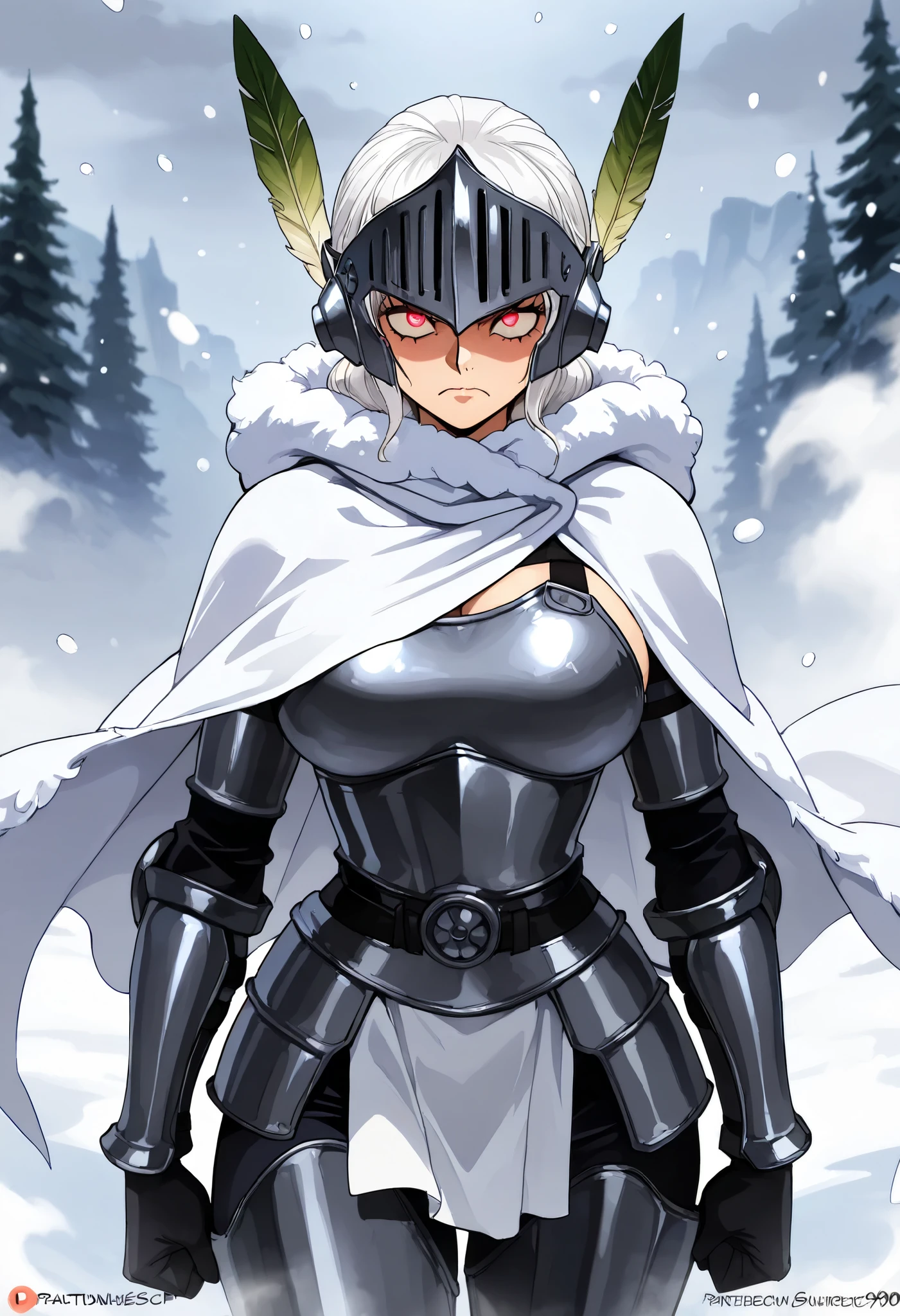 source_anime, (masterpiece), anthro, (1girl), solo, (masterpiece), best quality, expressive eyes, perfect face, Feather wear, Stunning Italian, agirl, solo, bulky warrior, strong fighter, platinum heavy armor, opened armor, large breasts, armored pants, heavy beat, bulky strong, vascular, at the snowy hills, (pelted cloak), serious look, heavy snow, falling snow, ((heavy fog)), white Linen undercloth, one piece straps, Soft light. Cinematic. Sci fi. 90's anime. Best quality.