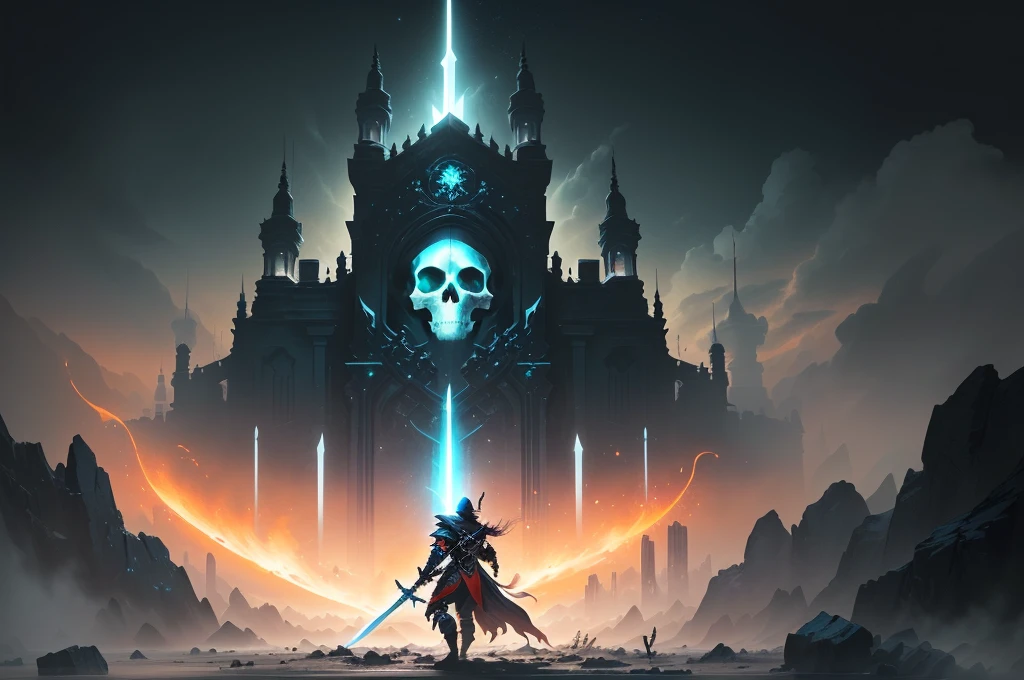 a blue topaz style ant hill with a sword and shield, there are skulls around and treasures,it was surrounded by burning fire, with some visual effects,fantasy,3D,HdR, 4k upscale, v--4.