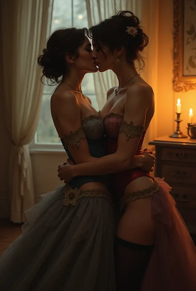 Masterpiece, 8k, 16k, uhd, best quality, fantasy photography, epic imagination), ((no nudity)) 2girl from Norge (hugging, front to back:1.2) in a gothic cathedral, beautiful, tender, kissing, movie scene, emerald green fine lingerie with intricate lace, light pink fine lingerie, blonde woman, redhead woman, bra, Brazilian micro mini thong,