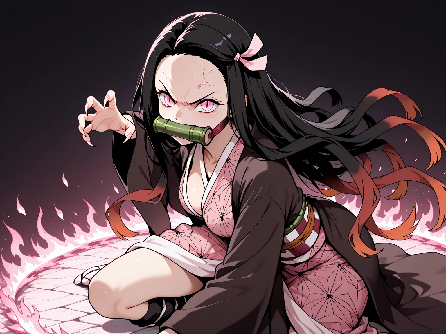 1 woman, full body, nezuko kamado oni mode, with bamboo in her mouth, demon slayer, Kimetsu no yaiba, beautiful, long hair, pink eyes, perfect, ultra hd, naked, showing her breasts, showing her pussy, nails like claws, perfect feet, demon slayer scenario, under a sakura tree, sakura leaves falling from the sky face orgasm