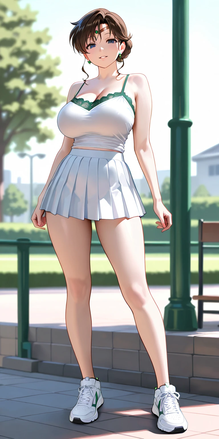 feminine smile ,  flare mini skirt , tanktop , in the park , walking slowly , waving skirt , On a date ,  various poses ,  various angles , ((Angle from below)) , various top and bottom angles