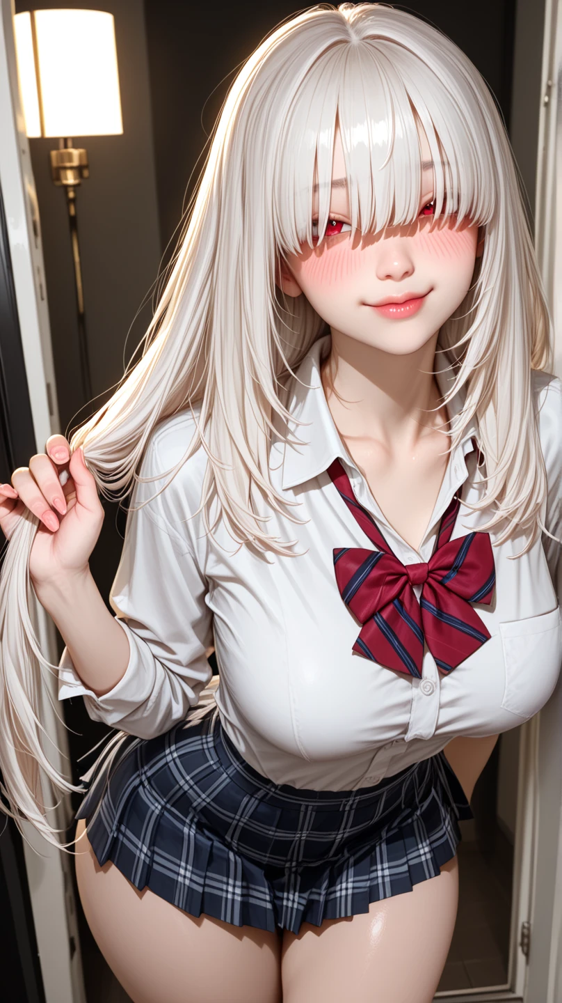 One girl, (masterpiece:1.3), (High resolution), (8k), (Very detailed), (4K), (Pixiv), Perfect Face, Beautiful eyes and face, (highest quality), (Very detailed), Detailed face and eyes, (alone), Textured skin, Absurd, High resolution, Crown, Very long hair, (close your eyes), , Pleated skirt, mini skirt, Grey Hair, Large Breasts, Fingerless gloves, Short sleeve, bow tie, shirt, Best, Outdoor, Are standing, throw, Selfie, smile, blush