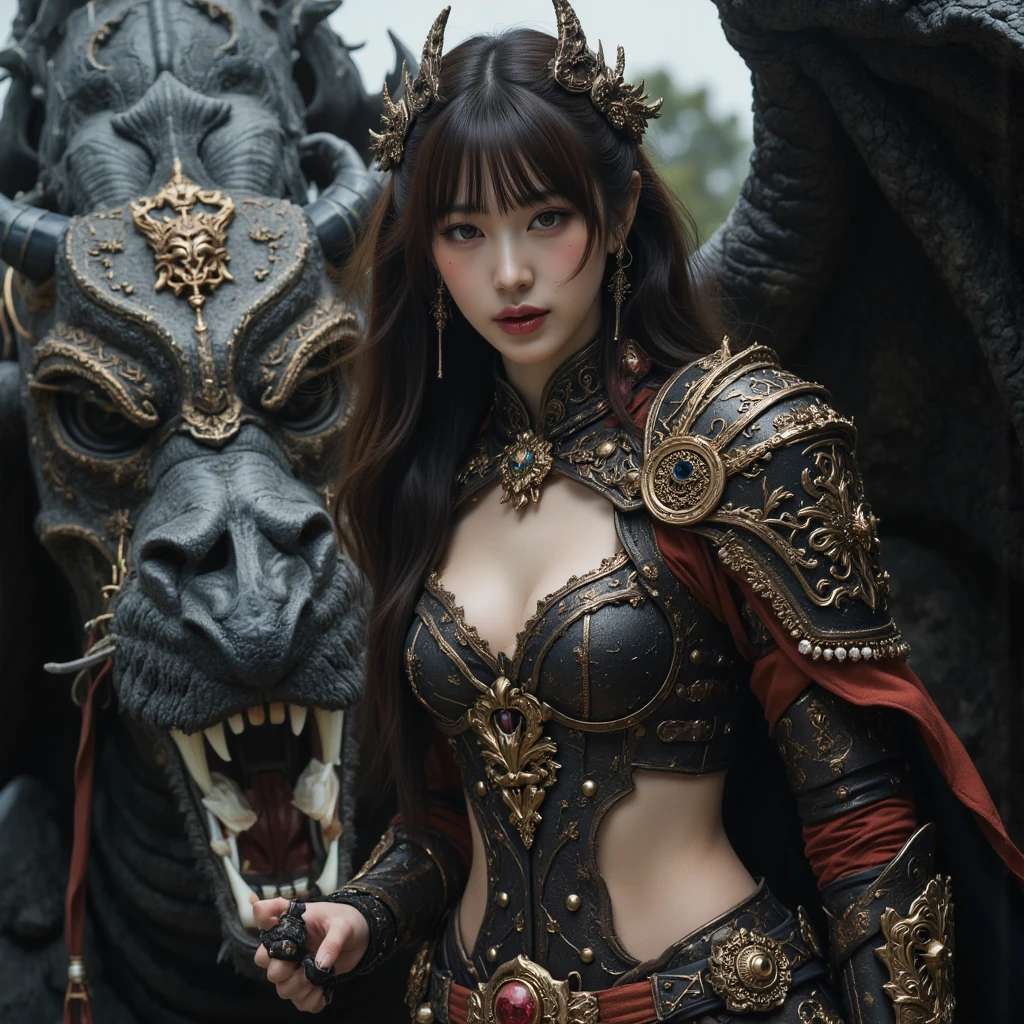 Professional , masterpiece、top-quality、photos realistic , depth of fields 、(Dragon Red Metal Body:1.9),(Enamel purple、(cleavage of the breast)、Mystical expression、Dragon Gold Weapon、(Red Micro Bikini Armor:1.4),Gorgeous gold weapons ,Particles of light、(( Dragon's dense and gorgeous sword)) , (demonic wings)、((a blond))、(Castle background)、((Gangle's forest background))、((Fight dragons))、Beautiful Caucasian beauty、1a person、dynamic ungle,(((Detailed and ornate dragon helmet)))、Smaller head、A smile、Castle background、Thin and beautiful female hands、cleavage of the breast、Soldier in iron armor on background、Mystical expression、Light Effects、intense fighting、Wind-effect、magic circles、With the legendary magic wand、Dragon's tail、explosions、Anatomically correct body、