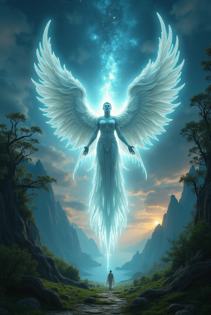 A winged deity soaring through celestial realms, leaving a trail of stardust and glory, with galaxies and nebulas unfolding beneath their wings.