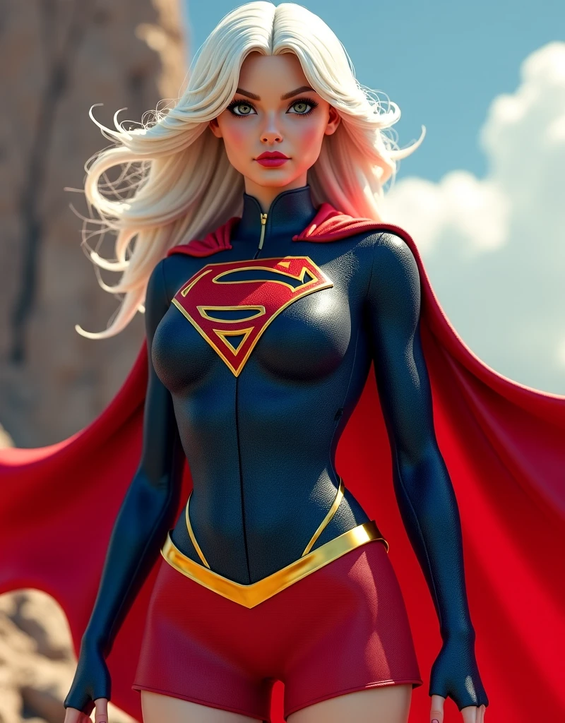 1sexy girl, vestindo traje de supergirl rasgado, voando, corpo firme, cabelos loiros, olhos azuis brilhantes, pose sensual.