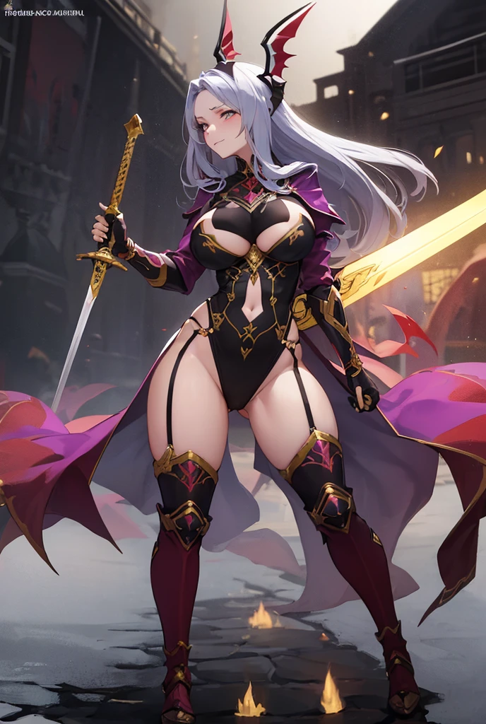 4K,hight resolution,One Woman,White purple hair,Long ponytail,Blue eyes,Colossal tits,Knights,白色のKnightsのドレス,Brown Long Boots,jewel decorations,Japanese Katana Sword,Medieval castle town