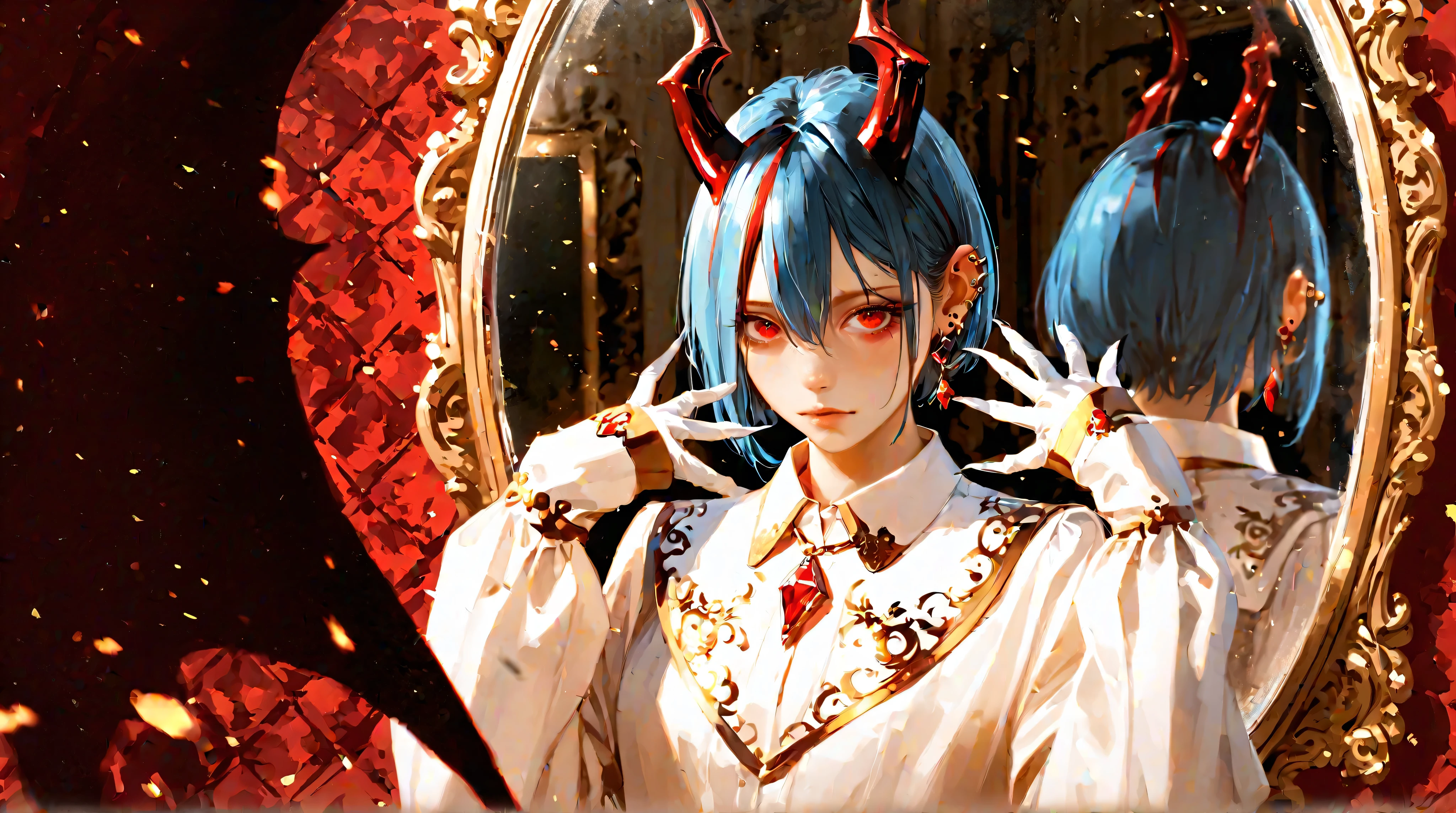 "Best quality, masterpiece, absurdres, newest, (atnr style, realistic), solo, jewelry, earrings, golden necklace, red gemstone ring, subtle golden embroidery on clothing, 1girl, white shirt, textured multicolored background, fully blue hair, looking at viewer, short hair, bangs, collared shirt, single blue-colored hair, blue eyes, piercing, eyelashes, upper body, ear piercing, long sleeves, hair between eyes, open eyes, vivid theme, white elegant gloves, soft and smooth fabric, fitted past wrists, refined and sophisticated aesthetic, streaked hair, breast partially visible, delicate draping fabric, hints of skin subtly revealed, standing before an ornate mirror, calm and unaware, soft lighting gently illuminating her pale skin.
However, in the mirror, her reflection is not normal—it is a devilish version of herself, staring directly at the viewer: dark crimson skin, glowing red eyes locked onto the viewer, twisted black horns emerging from her forehead, sharp claws replacing delicate fingers, an unsettling smirk, long shadowy wings faintly visible in the reflection, a sinister aura radiating from within the mirror, faint embers flickering in the glass her reflection looking at viewer
A digital anime-style illustration featuring a young woman looking at her reflection, unaware that her mirror self is something sinister. The mirror’s surface subtly distorts, shifting between reality and illusion, the devilish version of herself staring directly at the viewer with an eerie, knowing gaze. The room is dimly lit, with deep red and gold accents adding an air of mystery, the reflection’s glow casting an ominous light.