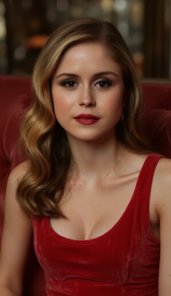 Alicia Silverstone wearing a pearl necklace with red lipstick and nude with a smile