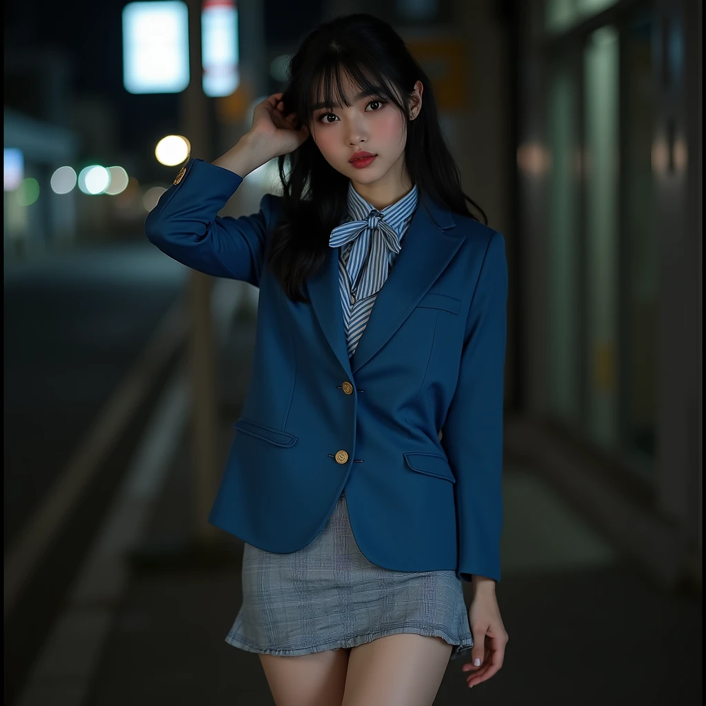 (8K、Raw photography、top-quality、​masterpiece:1.2、realisitic、Photorealsitic、highcontrast、photon maping、photon maping、Photorealsitic、ultra-detailliert、profetional lighting、low angles:1.2)、(1 girl in)、(独奏:1.5)、(full body Esbian)、(Height is 165 cm)、(18-year-old schoolgirl)、(light-brown long hair,、sun burn、Brown skin: 1.5)、(Shinjuku at night Japan)、(Sidewalk lined with shops)、(Japan high school uniform and designated shoes)、(Dark blue blazer:1.2)、(short plaid skirt:1.5)、(White shirt for students)、 (neck tie:0.6)、(Looking at the front and squatting with the crotch open)、(Uniform taken off to the shoulders、Fluttering chest、Exposed beige bra: 1.7)、(Skirt flipping)、(ＭCharacter opening leg)、(100 degree leg opening)、(crotch open:1.2)、(See-through wet white panties:1.5)、(cammel toe)、(Black loafers:1.5)、(beauitful face:1.3)、(perfectly proportions:1.2)、(Long feet:1.2)、(small tits:1.3)、(Panties can be seen from under the skirt:1.3)、(woman's pubic area is clearly visible:1.4)、(Have pubic hair:1.4)、(witheout panties:1.2)、(Textured skin)