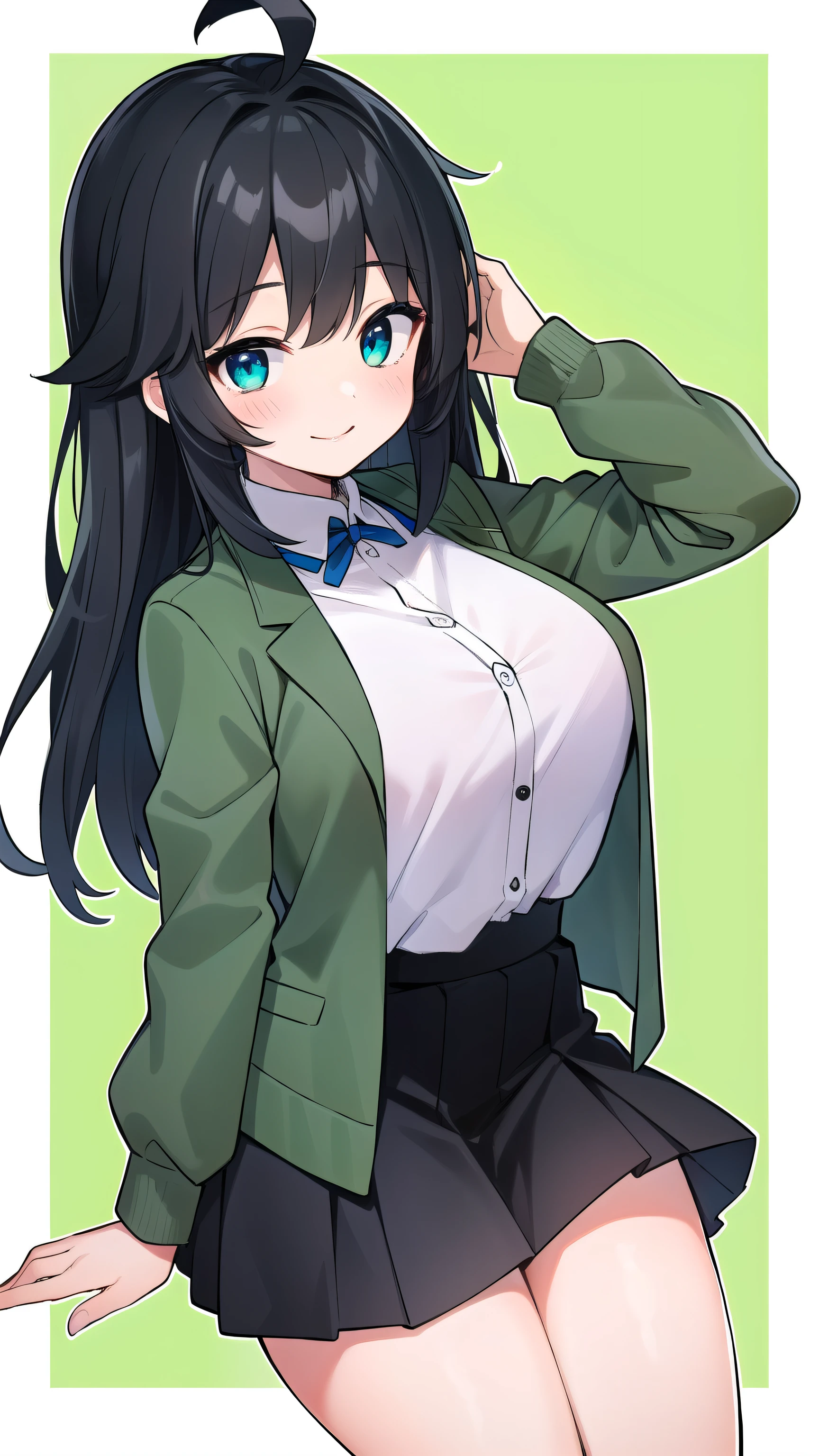 Junior high school student who looks like an elementary school student, 10 years old, very short, 140 cm tall, black hair with a slight green tinge, short ahoge, beautiful long hair but with a little hair sticking out, beautiful round eyes, blue eyes, smile, boyish, long sleeves, Thick clothes, skirt, big breasts, hair longer than waist, long hair, childish face, gentle smile, a little shy, black skirt, black hair with a slight green tinge, boyish, gentle smile, jacket one size larger, ( Deep greenish black hair: 1.3), dark green jacket, white shirt, (tie), black skirt