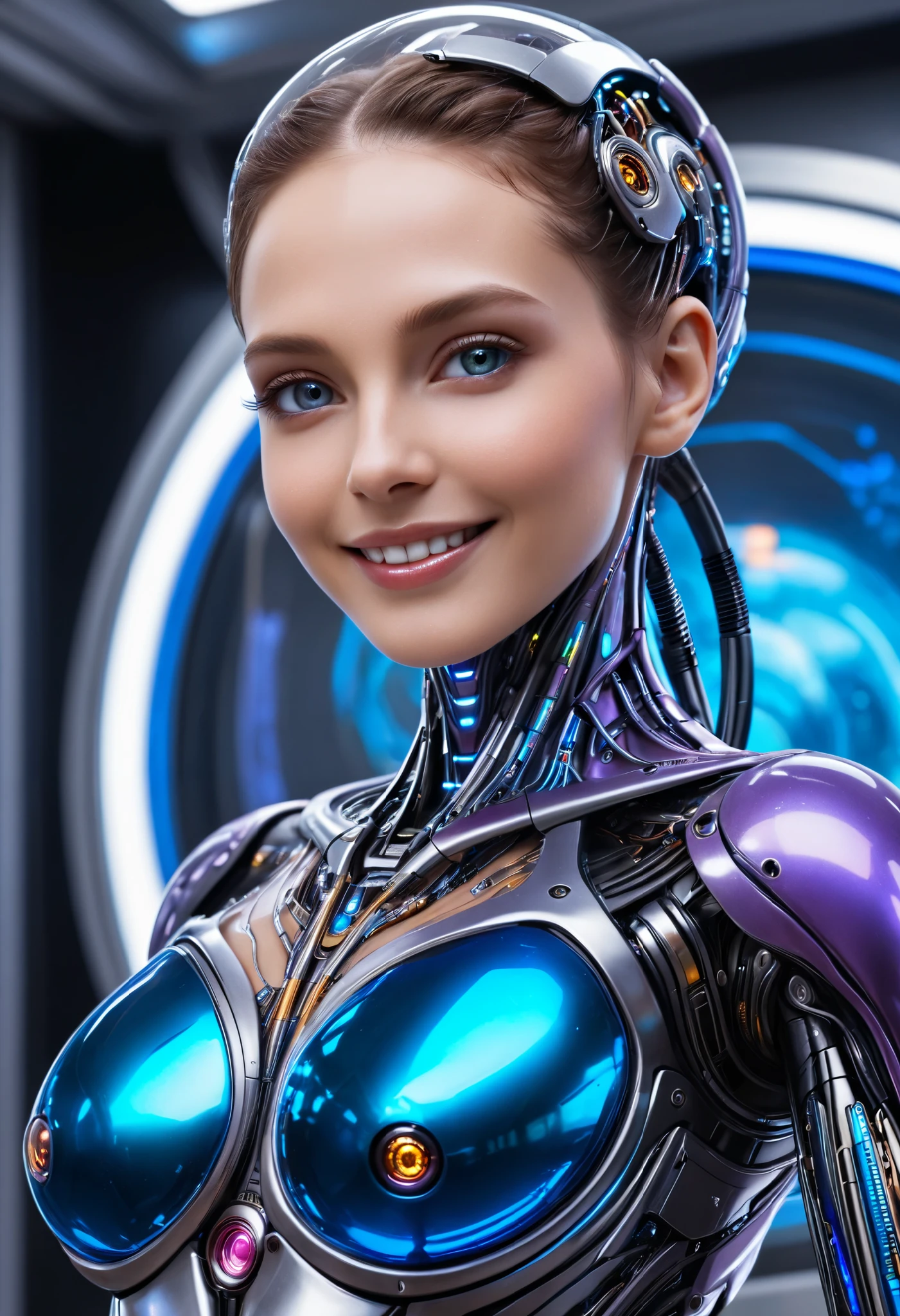 score_9,score_8_ up,score_7_ up, ultra detail, absolute resolution, 32K,Masterpiece, best quality , Super High Definition's beautiful face and eyes with attention to detail, beautiful cyborg, smile, medium breasts, focus on the face, watching viewers , perfect hand , Perfect Anatomy, Venus Rift, front view,