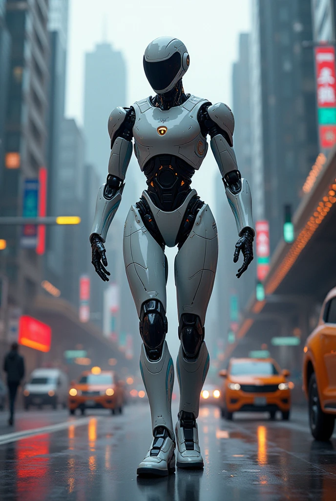 A cyborg girl is jogging down the street of a big city, passersby watching her with interest, high quality, Absurd, Masterpiece, Beautiful, complex parts, 1/2 body crops, slender body, Beautiful figure, Magnificent Anatomy, (complex parts:1.12), HDR, (complex parts, hyper detail:1.15), (natural skin textures, Hyperrealistic, soft light, Spicy:1.2)