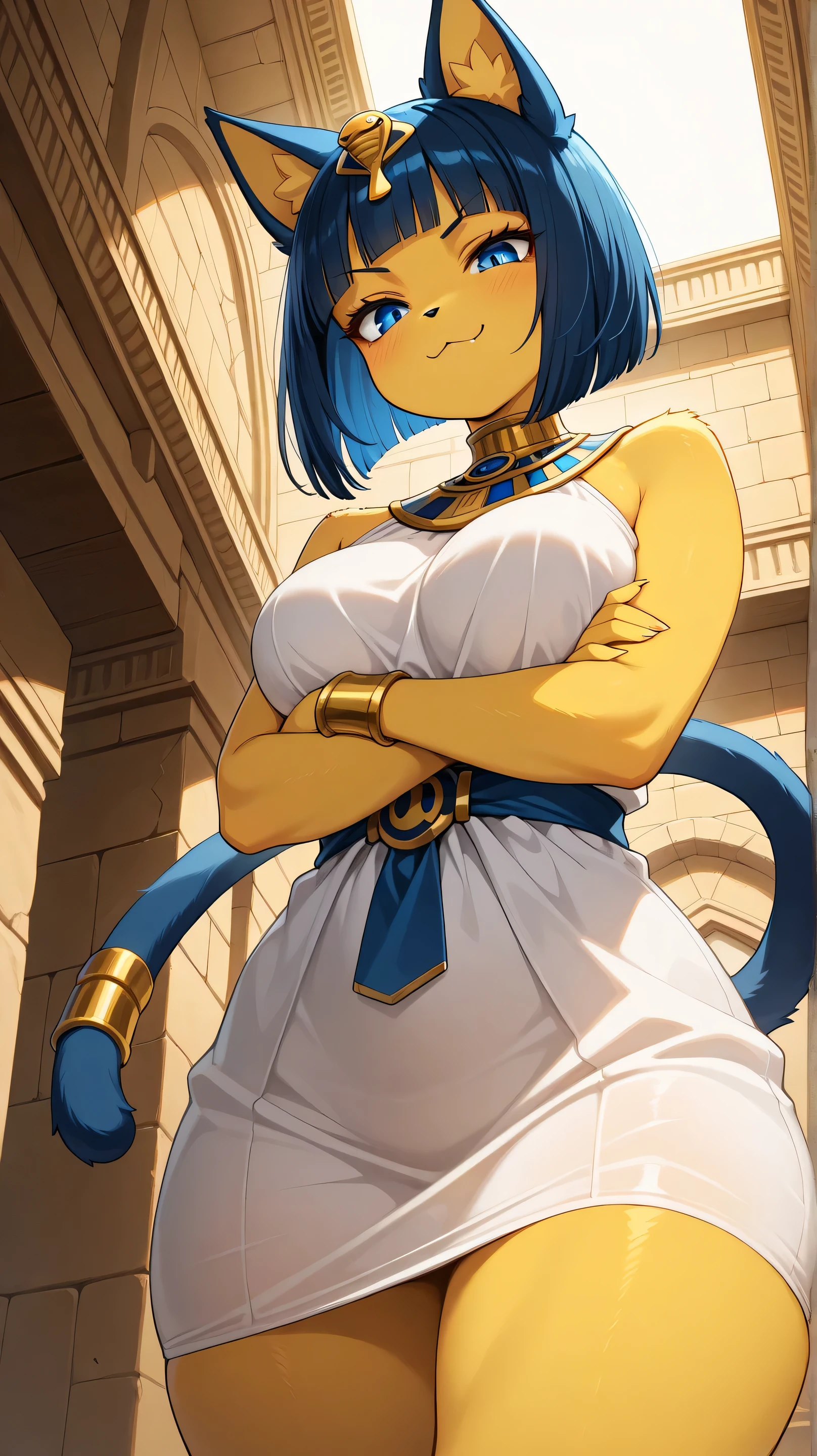 (masterpiece), best quality, expressive eyes, perfect face, 1girl, solo, crossed_arms, animal_ears, cat_ears, blue_hair, looking_at_viewer, tail, blue_eyes, smug, colored_skin, cat_tail, from_below, short_hair, bob_cut, dress, egyptian, smile, bangs, egyptian_clothes, blunt_bangs, hair_ornament, furry, thighs, cat_girl, breasts, furry_female, jewelry, :3, yellow_skin, white_dress, closed_mouth, bare_shoulders, looking_down, sleeveless, smirk, thick_thighs