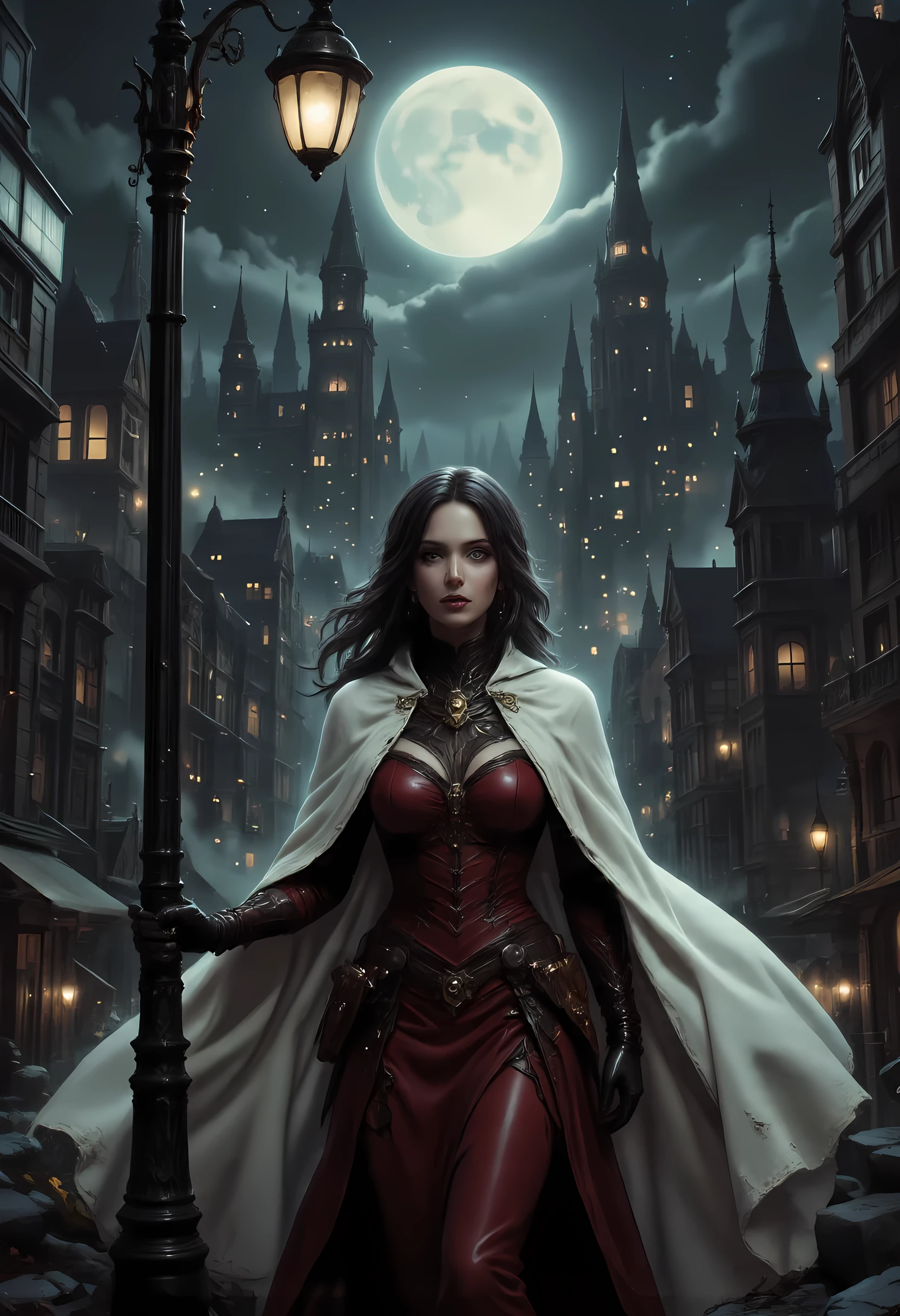 comic art, fantasy art, RPG art, ultra wide shot, a picture of a mysterious woman standing under the steampunk streetlamp, in the big city, a beautiful mature woman, elegant woman, dynamic hair color, dynamic hair style, wearing intricate deep red leather dress,  billowing in the wind, flowing white cloak, high heels,  standing in steampunk city at night, goth buildings, moon in the sky, 16k, [ultra detailed], masterpiece, best quality, (ultra detailed), full body, ultra wide shot, zavy-ctcmcs, aidmaDarkfantasy