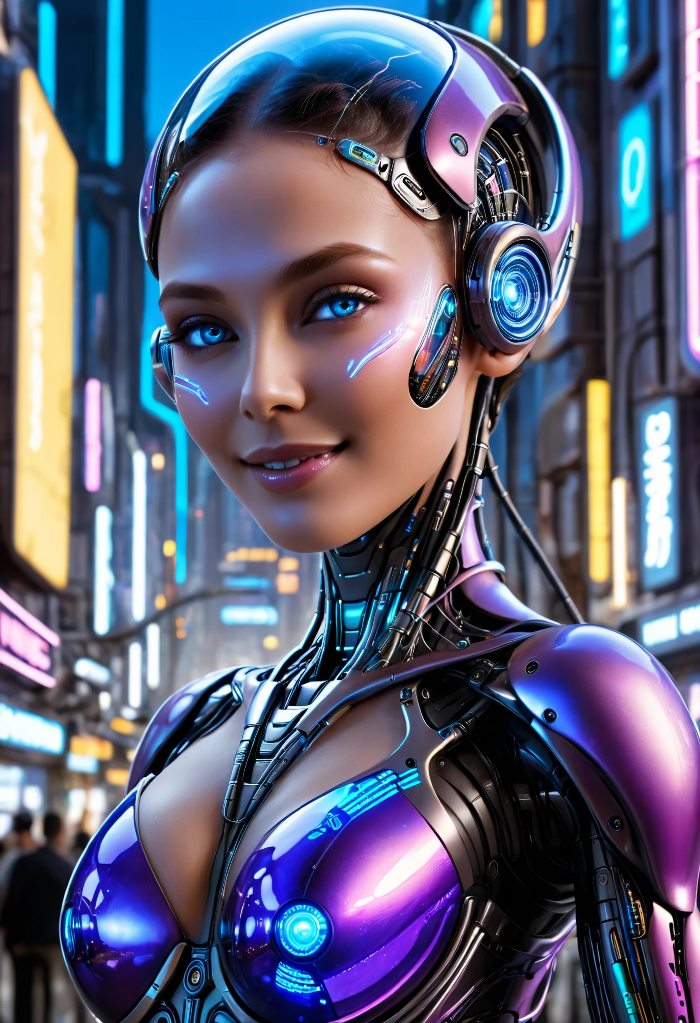 score_9,score_8_ up,score_7_ up, ultra detail, absolute resolution, 32K,Masterpiece, best quality , Super High Definition's beautiful face and eyes with attention to detail, beautiful cyborg, smile, medium breasts, focus on the face, watching viewers , perfect hand , Perfect Anatomy, Venus Rift, front view, background cybercity