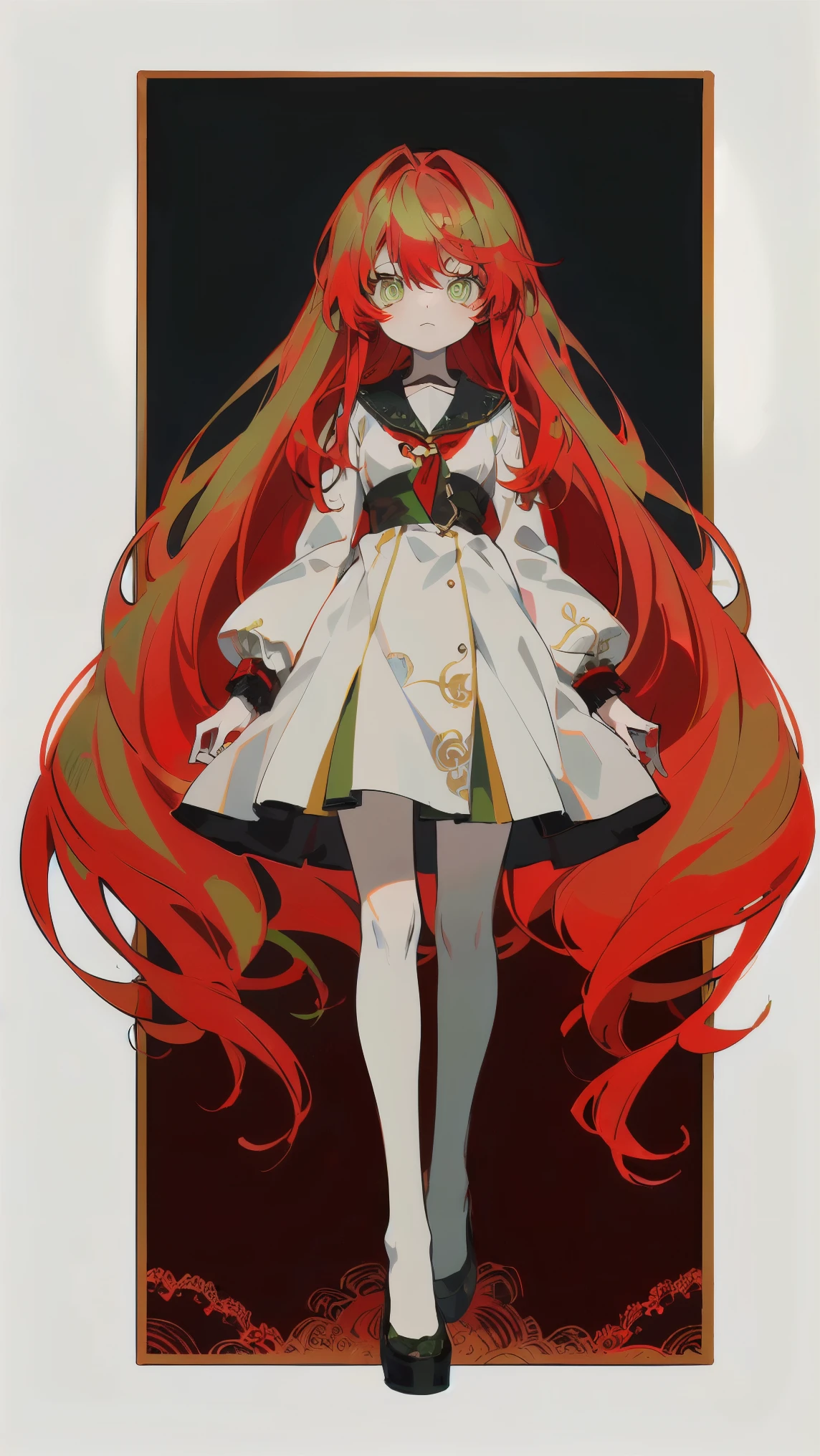 masterpiece、perfect face、Ultra High Quality、highest quality、Bearish、、one girl、 Characters、very long hair、leggy hair、anime style、red hair、((red hair:1.5))、green eyes、((green eyes:1.5))、bangs、やみcute、white lace shirt、pure white skin、 Delicate Lace 、original character、 intricate design、unique design、droopy eyes、long eyelashes、in the ruins、slightly hungry、full bodyの描画、request、Possible Adoption、full body、background、cute、dress、 Long Sleeve、Navy blue outfit、Anime Girl Characters、白いbackground、full body、All Decorations Are White or Silver、Loose Ruffles、 green eyes、Slender hands、Skeleton、 Winter Outfits、Unnaturally Pale Skin、pure white skin、White skin color、 girl、 beautiful girl、Sacred、 (((red hair:1.5)))、((green eyes:1.5))、白background。