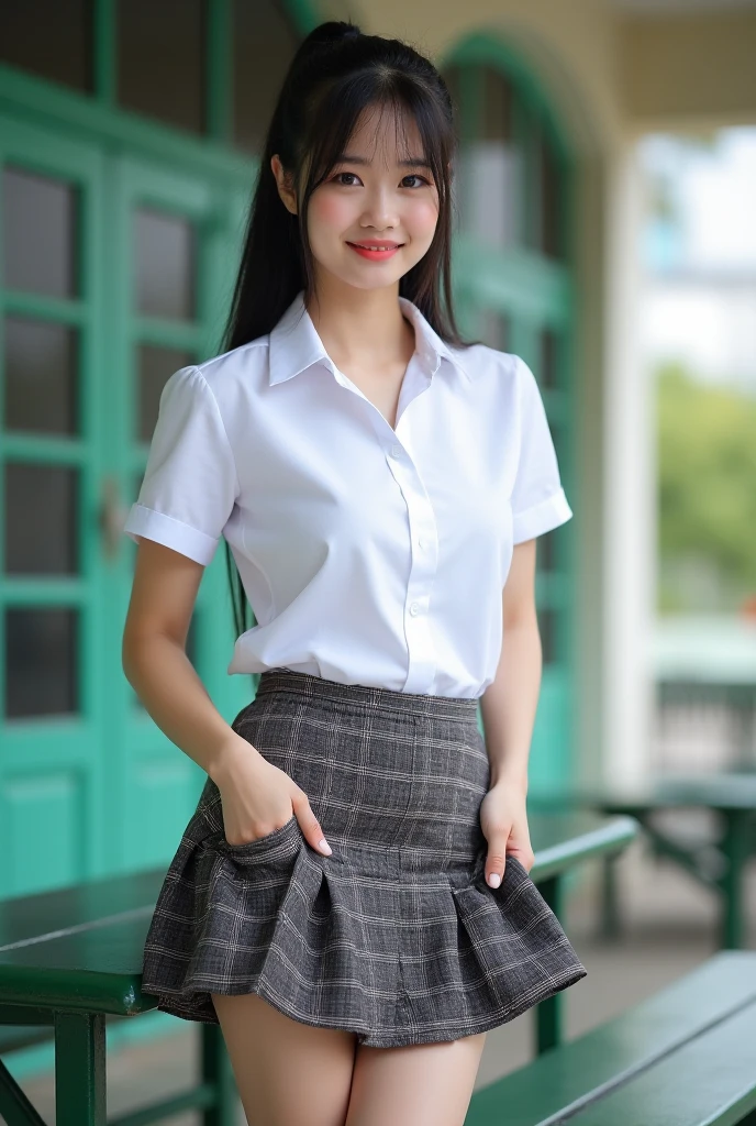 (8k), (highest quality: 1.2), (Realistic), (Realistic: 1.37), Ultra-high resolution, 1 girl, cute, Shiny skin,Blushing,smile, Mouth closed, Beautiful details, Beautiful Nose, whole body, Wet Hair, Giant Dulcefo, pork,Navel exposed,University Student Uniform,A simple blazer,Pleated skirt,Sit on a chair, shiny pantyhose