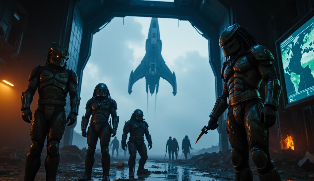 "Creepy and intense alien invasion scene with a dark atmosphere, dramatic lighting, and intense action. Show off powerful alien creatures, advanced technology, destroyed cityscape, panicking civilians, and a feeling of imminent danger. Create a disturbing and exciting image, conveying the chaos and horror of an invasion from the other world.. a group of people in futuristic suits fight with laser weapons, bloody war, The scene is extremely difficult, extremely impressive with intricate details, extremely smooth rendered textures. bright, Harsh light"