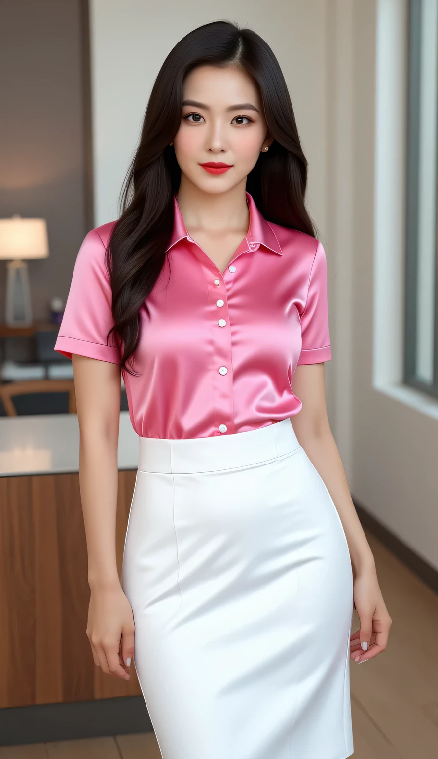 an office lady, standing in office, use a pink polo shirt in satin material elongated out, use a knee-length skirt in white satin material, big boobs, red lips, long hair,  slim waist,