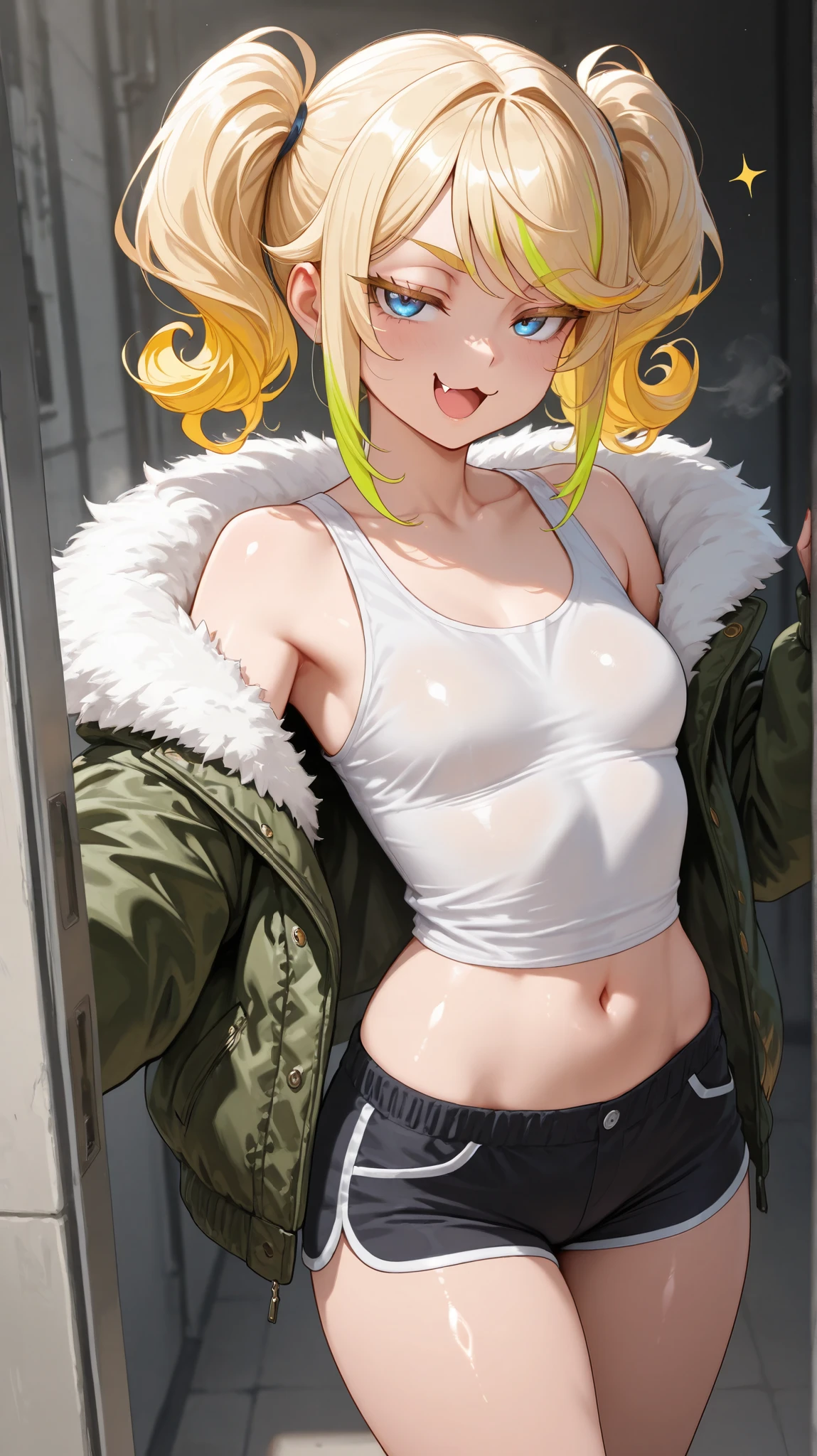 faça uma mulher loira musclegirl com casaco de pelo amarelo e blusa preta faça ela extremamente forte musclegirl e bem malhada com abs, musclegirl, Blonde with medium hair. Wears a yellow fur coat, cropped preto, black pants and black boots. She usually wears light makeup and paints her nails in neutral colors white background Russian good quality