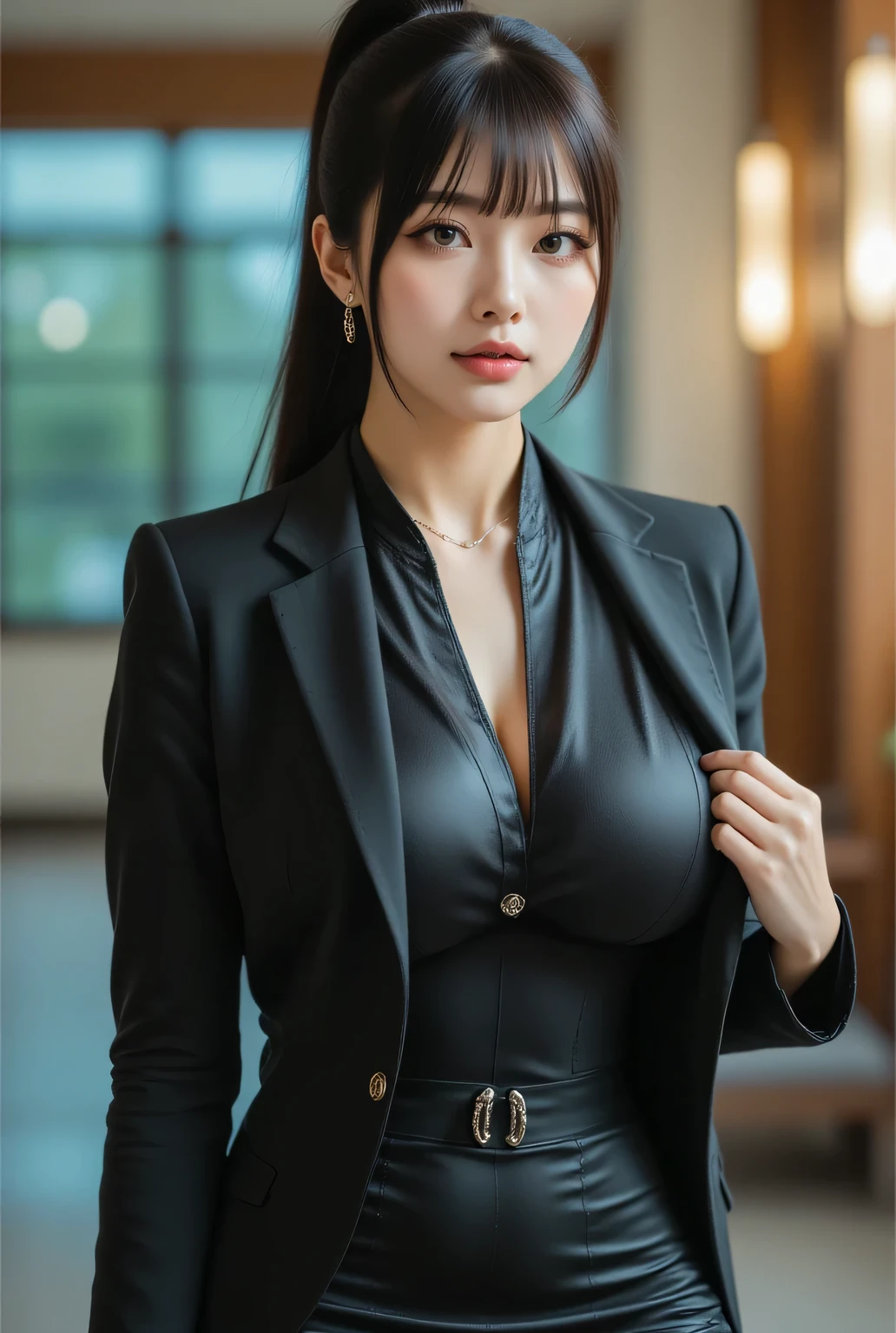 highest quality, photo realistic, high resolution, sharp focus, masterpiece,
super beautiful Japanese woman, the woman is the boss of the company, looks like a intimidating dominatrix, condescending gaze, charm with gaze, staring at the viewer, big breasts, glossy skin, oily skin, eye makeup, long false eyelashes, lip makeup, short ponytail,
wearing a collared shirt with a business jacket, , big breasts even when clothed, a fitted pencil skirt,
office, sunny lobby, easy-to-see color lighting, colorful to keep