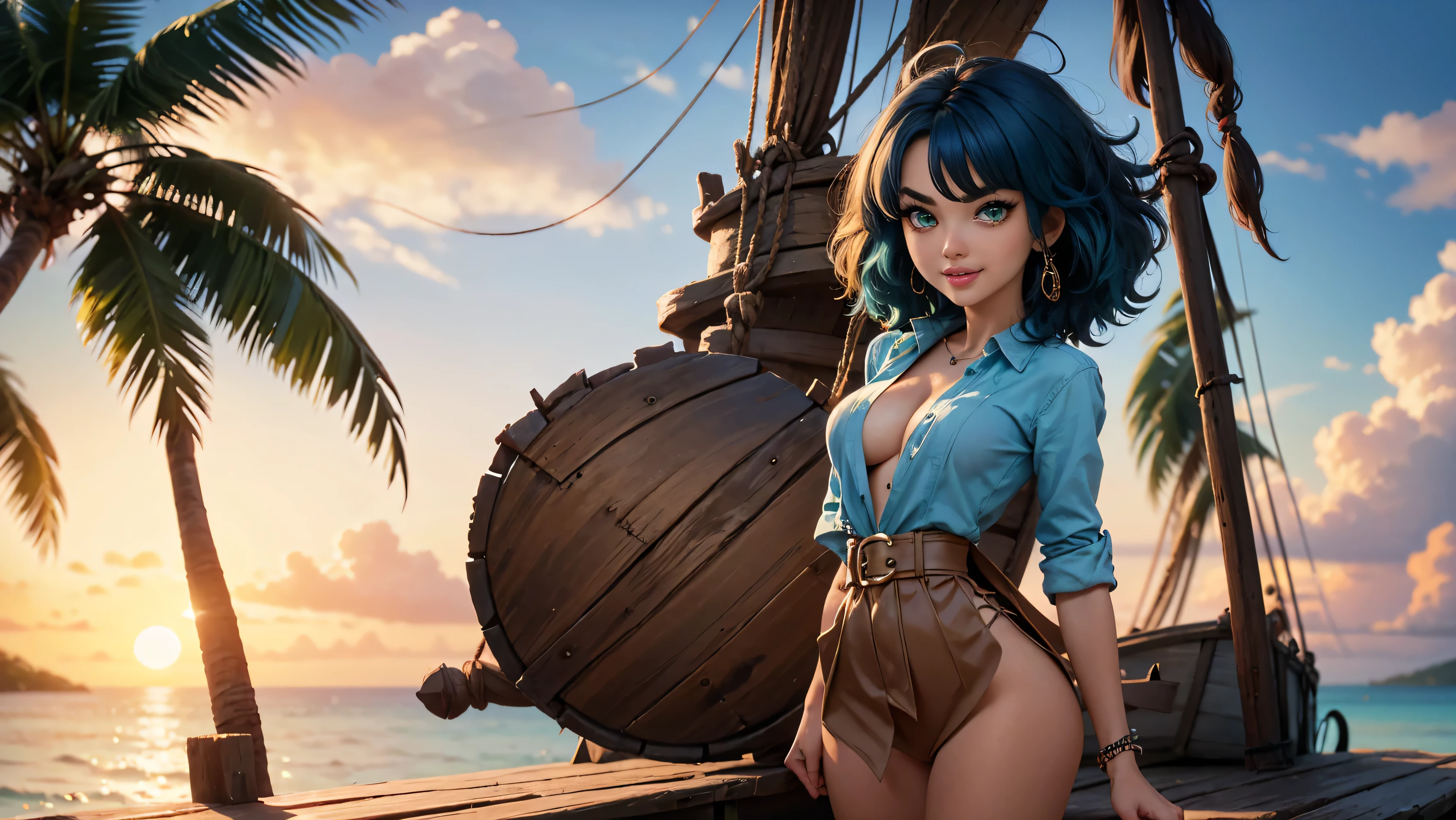 (masterpiece, 最high quality:1.4), (pirate ship), (From the back:1), (One girl), (alone), (head to waist photo) (European youth:1), Blue Hair (Fashion Hair:1.3), Nefertari Vivi from One Piece, hyperRealistic, Skin with attention to detail, Digital SLR, Soft lighting, high quality, Highly detailed face, Highly detailed eyes, Highly detailed skin, Skin pores, Scattered beneath the surface, Apply blush all over the face, Highly detailed face, Highly detailed eyes, Beautiful Face, Fuller lips, Detailed Background, Depth of written boundary, Volumetric lighting, Sharp focus, Realistic proportions, Excellent anatomy, (Realistic, hyperRealistic:1.4), 16k hdr, Dawn