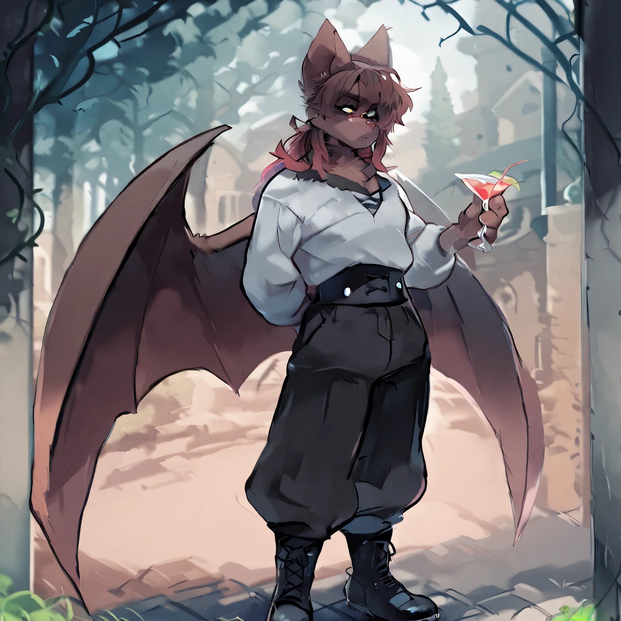 Furry bat, bat, man, masculine, outside, bat features, bat furry, man, yellow eyes, solo, gothic, drink, black, solo, casual.