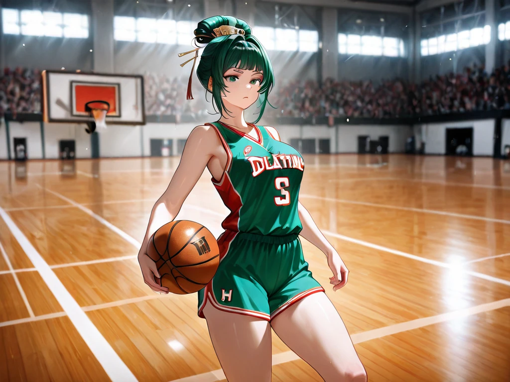 (Masterpiece, best quality: 1.2), Solo, 1 girl, Tatsumaki, boring, mouth closed, looking at the audience, basketball in hand, standing on basketball court, medium breasts, (loose basketball suit: 1.6).