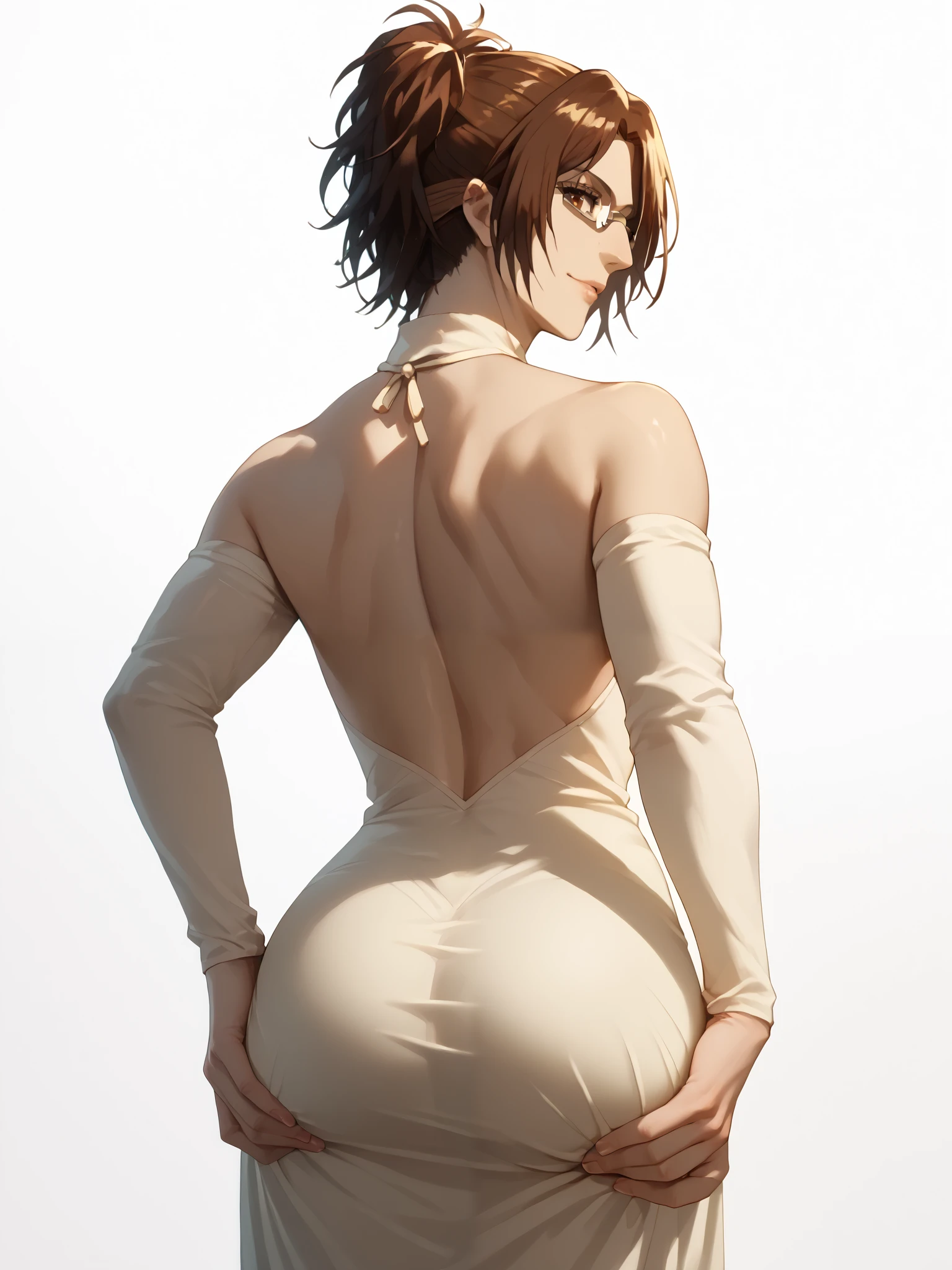 Score_9, Score_8_up, Score_7_up, Score_6_up, Score_5_up, Score_4_up, Source_anime, Tag1, Tag2, Best quality, High quality, Detailed, High resolution, 8k, Ultra high res, Soft saturation, Professional quality, Perfect contrast, Perfect lighting, Anatomically correct, Sensual woman, mature female, seductive, pov, face focus, girl, solo, aot , attack on Titan, hange zoe , brown eyes, rectangle eyeglasses,wearing beautiful revealing dress, hand on butt, standing , (whole body, complete body), white background , from behind
