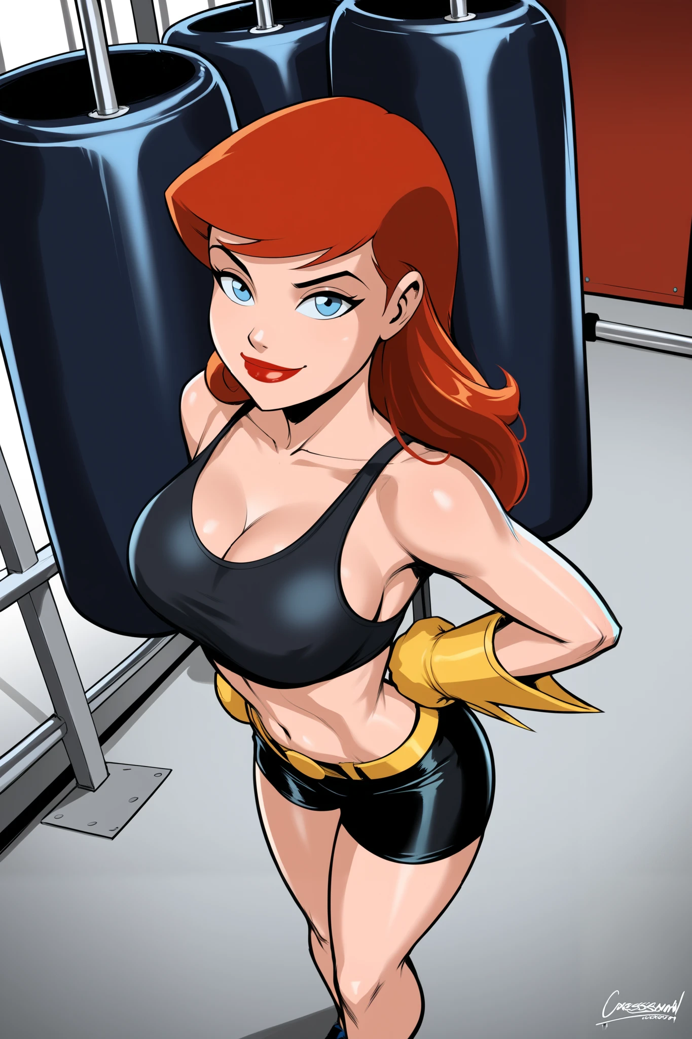 1980s (style), retro artstyle, source_cartoon, score_9, score_8_up, score_7_up, score_6_up, ((zPDXL2)), (cartoon, highly detailed, masterpiece, absurd resolution, perfect anatomy), cowboy shot BREAK barbara gordon, long hair, red hair, blue eyes, solo, ((looking at viewer)), lipstick, makeup, jet black crisscross sports bra, black spandex shorts, black boxing
gloves, large breasts, curvy, athletic, standing, hands on hip, punching bag, gym, indoors, smiling, closed mouth, sultry expression, high-angle view