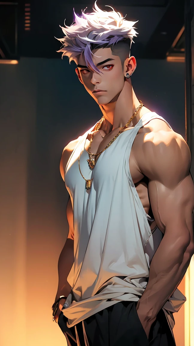 1 male, high resolution 4k, adult, handsome, perfect face detail, detailed eyes and face, clean shaved, sixpack realistic, white eyebrow hair, white eyelashes, Naked torso, Detailed face, perfect face, dynamic lighting, unreal engine, hd picture, satoru gojo, Jujutsu kaisen, white hair, short hair ,hair between eyes ,blue eyes, white skin, Sexy clothes, singlet hoodie jacket