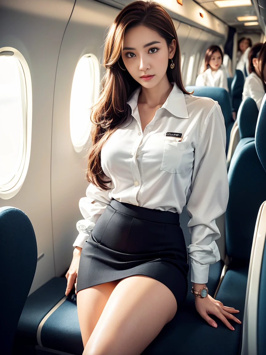 top-quality, ​masterpiece, 8K, 超A high resolution, (Photorealsitic:1.4), 1girl in、beautiful countenance、symmetrical eye、Colossal tits、Perfect body proportion、cleavage of the breast、Stewardess uniform、Look at viewers、(Inside the plane:1.2)、front-facing view、Shoulder、Absolute area(1.3)、