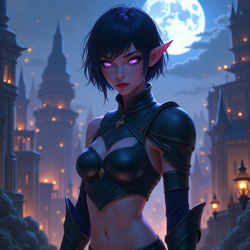 <lora:gothgalarmor:0.7>, gothgal wearing drk_glam armor, female knight, dark_glam, black Pixie cut with asymmetrical bangs hairstyle, piercing silver eyes, cowboy shot, detailed symmetrical eyes, castle exterior at night, full moon, elf ears, fantasy character art, <lora:detailslider:0.5> || skin, hair, metal armor,  masterpiece, 8k, high resolution, shallow depth of field, sharp focus