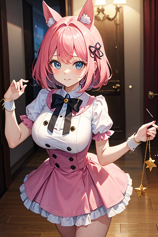 masutepiece, Best_Quality, hight_resolution, miko3,Ponytail, 1girl, Ahoge, black headwear, Hair Ornament, White shirt, black thighhighs, Pink hair, Red_skirt, (very_short_skirt:1.5), plaid skirts, garter_strap, Collared shirt, hair clips, frilld, Bangs, hair between eye, frills skirt, beret, Pleated skirt, Hair Flower, Neck bell, , puffy long sleeves, Black bow, Underbust, Cowboy Shot,Smile, (gigantic_breasts:1.3),(covered_nipples:1.3), covered_pussy,(closed_eyes:1.3), (happy:1.5), childlike_posing,spread_legs,(smile:1.4),plump,open_mouth, (open_clothes:1.2),cleavage,(Panty_shot:1.3),(apart_legs:1.3)