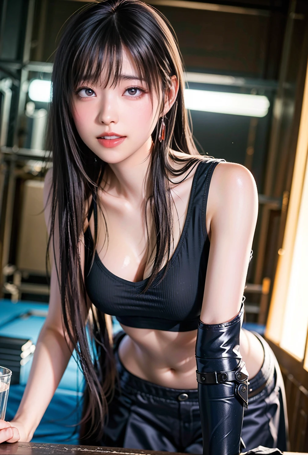 40-year-old Japanese woman、Black Hair、Hair is very short、Twin tails、Hatsune Miku Costume、Headphones、Flat Chest、Realistic photos、Realistic、8K quality、expensive、No bangs、Swimwear、High resolution, Highest quality, Anatomically correct, Winner of numerous awards, Ultra high definition, 夜のプール、ネオン