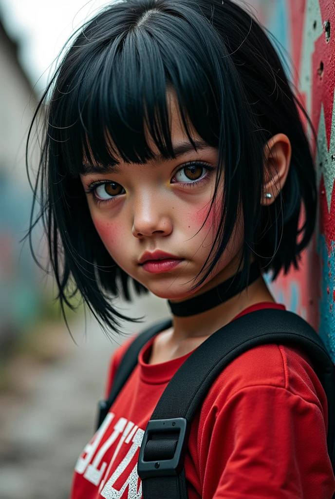 A boy with long black hair down to his shoulders, hazel eyes, thin red lips, marked jaw, you leave thick and the right with a scar and dressed in a black sweatshirt