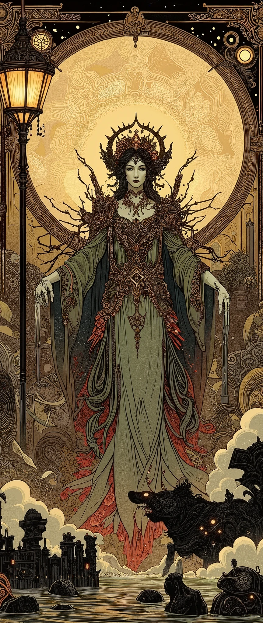 Full-length single female figure under a street lamp, Art Nouveau style, night, starry sky, detailed image, dramatic pose, fantasy elements, floral motifs, bright colors, intricate decorative patterns, high resolution, 8K, stylization, sepia, professional digital art