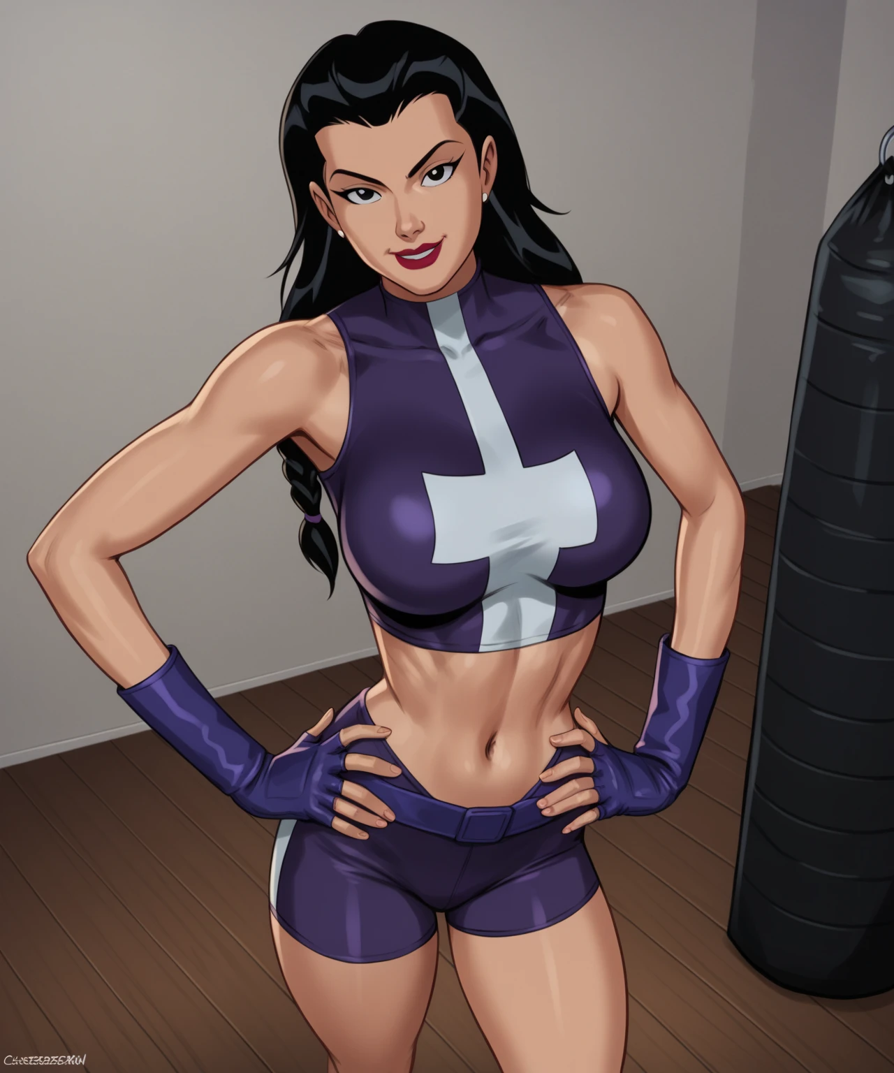Hinata Hyuga usando as roupas da Ravena, DC Comics, extremamente sexy, muito linda, cabelos Longos, bunda Grande, pernas grossas, fitness