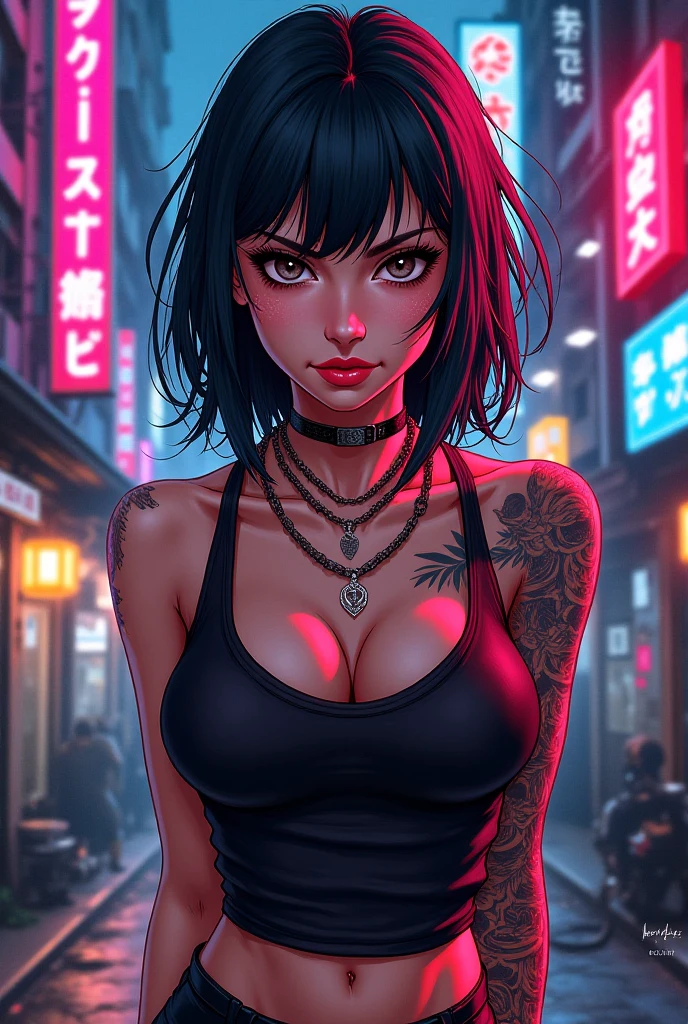 black anime female rebel chick fully covered intattoos exposed skin holding bling