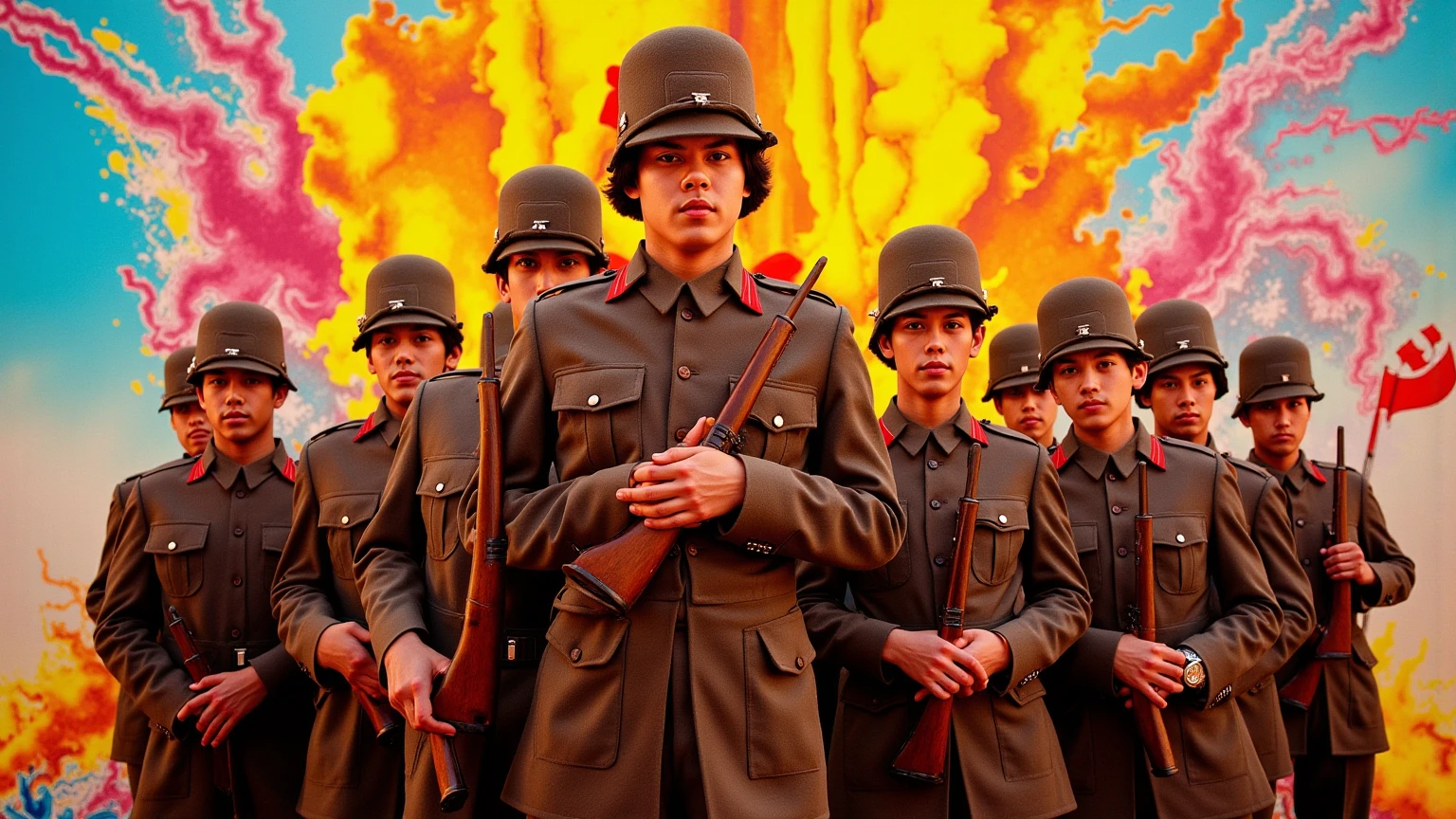 4 BOYS Russian children with 20 years of age, WITH LONG DARK STRAIGHT HAIR, WITH GREEN LEATHER OVERCOAT, PORTRAIT STYLE, flames are flying through the air on a black background, bright flame colors, colored fire, energy flows of water and fire,