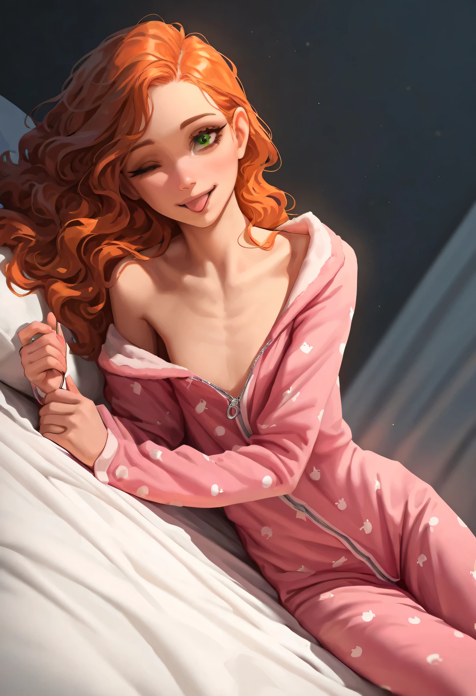 very awa, masterpiece, highres, absurdres,
dynamic pose, dutch angle, 1girl, princess, idyllic bedroom scene, white sheets, sitting on a bed, playful, ginger, green eyes, long wavy hair, wearing fuzzy pink pajama onesie, zipper, wink, tongue out, bashful, cinematic, masterpiece, highest detail, (flat, skinny, slender:1.2), Dutch angle, (klskx:1.1), pajamas open, chest view, cutest girl in the world, pretty scene, calm glow