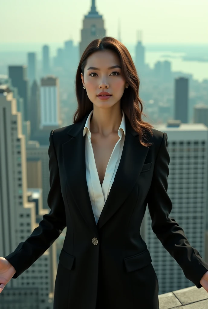 26 year old beautiful busty asian woman,Highest vulgarity image quality、realistic、16K、vulgarity makeup　face、cute、curly hair、muscular,Standing、OL in the of、navy mini skirt suit、whole body、Annoyed、panoramic、show me your long legs、Photographed quite far away、whole body姿、arms folded、Full body、