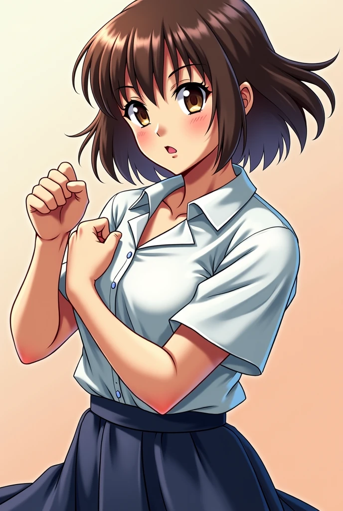 girl with short curly hair and white tshirt screaming and point with a finger