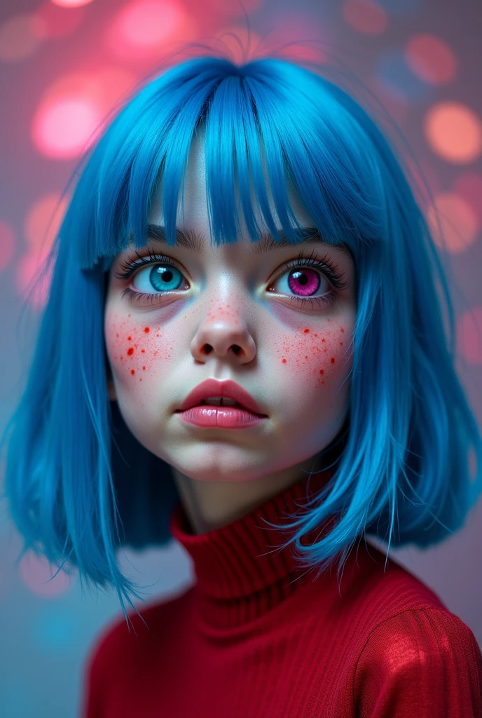 8k, Masterpiece, Top Quality, extreme close-up, frontal view, woman, bright blue choppy short hair, prominent multi-colored luminous eyes, freckles, baring teeth, angry expression, pink and yellow star makeup on face, yellow sweater, vibrant pink and blue background with paint splatters.

