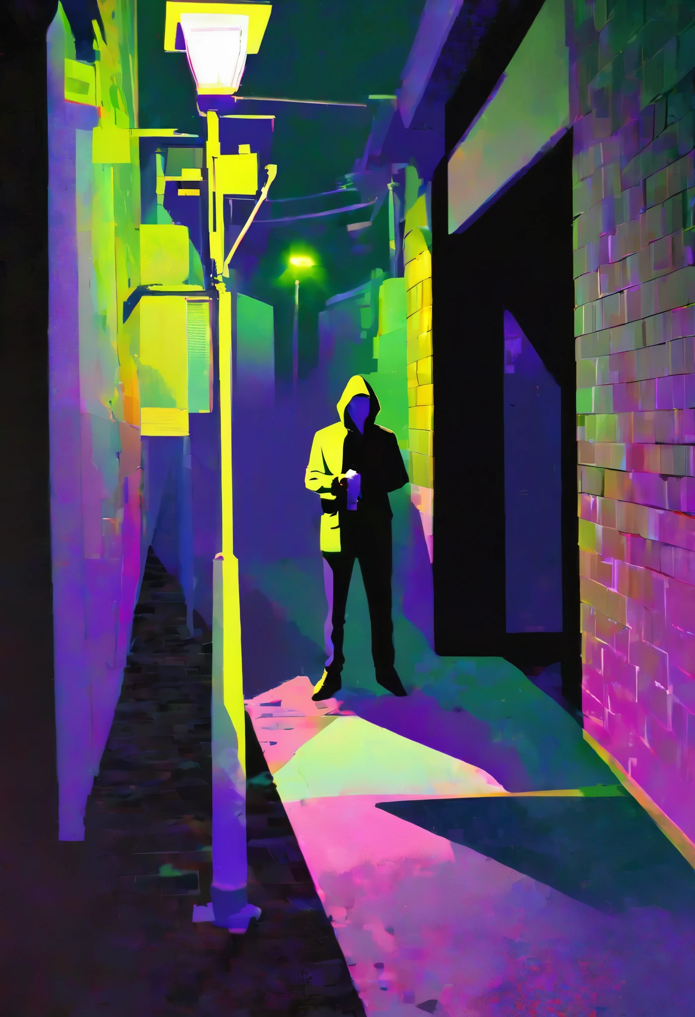 Shadow of a Man Under the Streetlight, (In a space where no one else is、shows only one person, Knife in hand, Bizarre), Cryptic image under a street lamp, from where, crime surveillance, 0__11Xx _illu