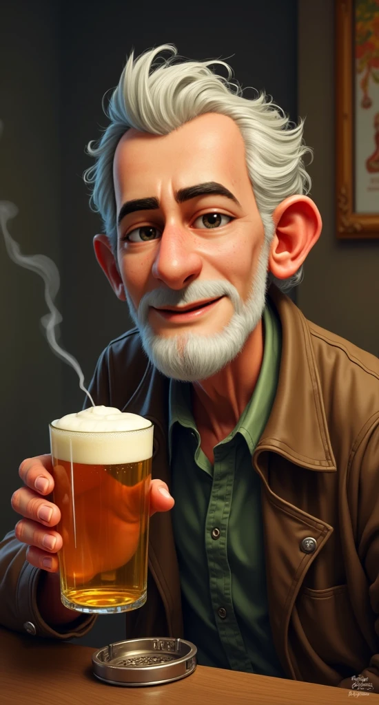 Pixarstyle A waist-high portrait of an elderly man with bartender clothes, smile, natural skin texture, 4K textures, HDR, intricate, highly detailed, sharp focus, cinematic look, hyper-detailed