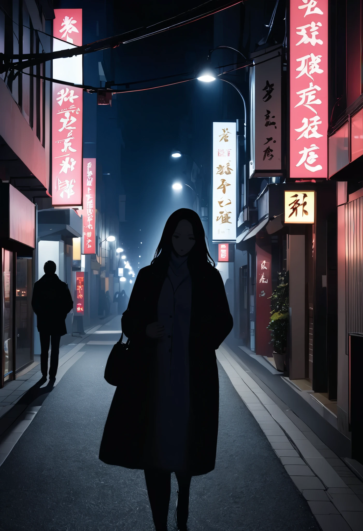 男女の👫が歩く, Night street illuminated by street lights, break (Women have no shadows:1.5), only one figure that comes up...