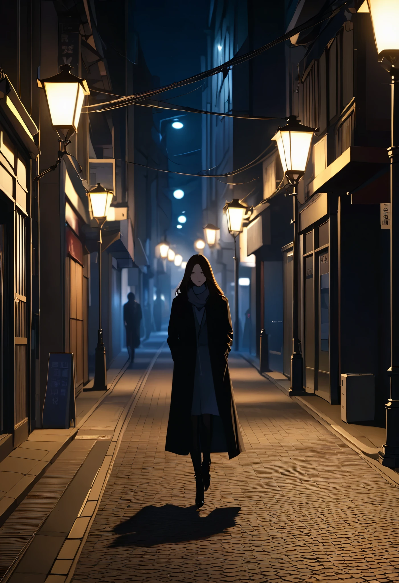 男女の👫が歩く, Night street illuminated by street lights, break (Women have no shadows:1.5), only one figure that comes up...